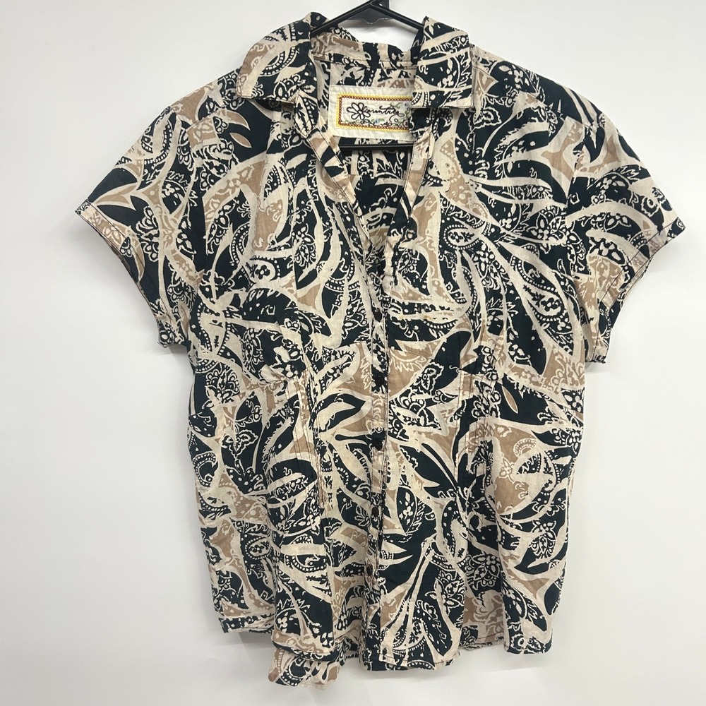 Adventura Cotton Abstract Print Button Front Blouse L Resort Travel Shirt Top